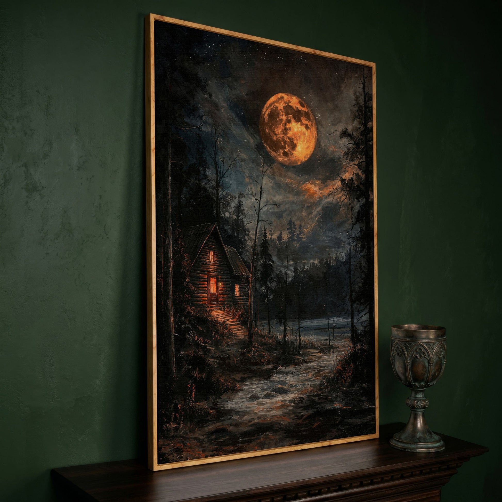 Moonlit Cabin with Starry Skies Canvas in white oak floating frame