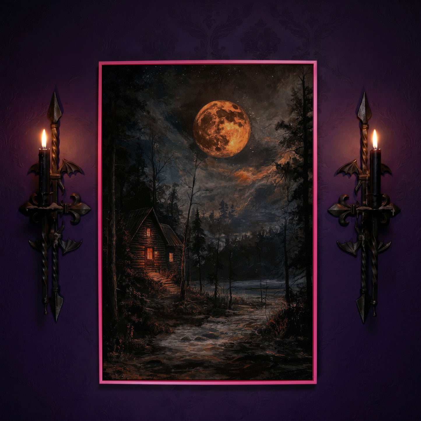 Moonlit Cabin with Starry Skies Canvas in pink floating frame