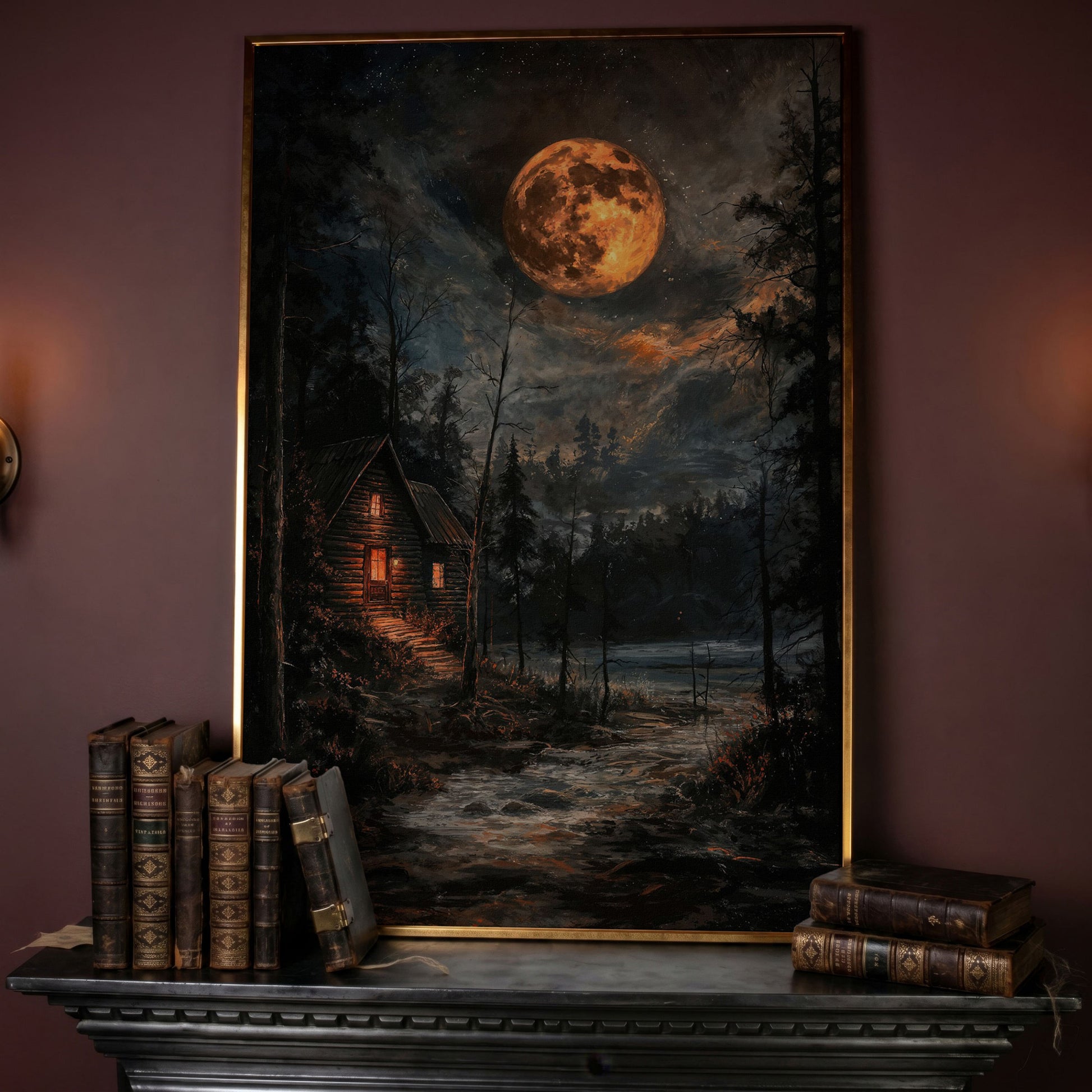 Moonlit Cabin with Starry Skies Canvas in rose gold floating frame