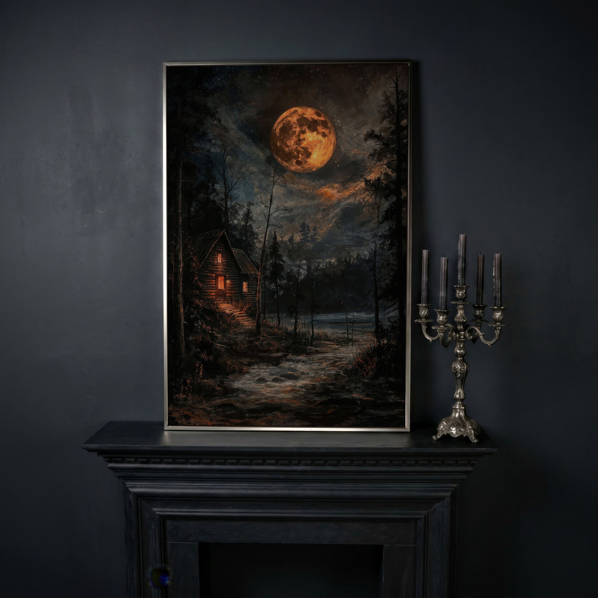 Moonlit Cabin with Starry Skies Canvas in silver floating frame