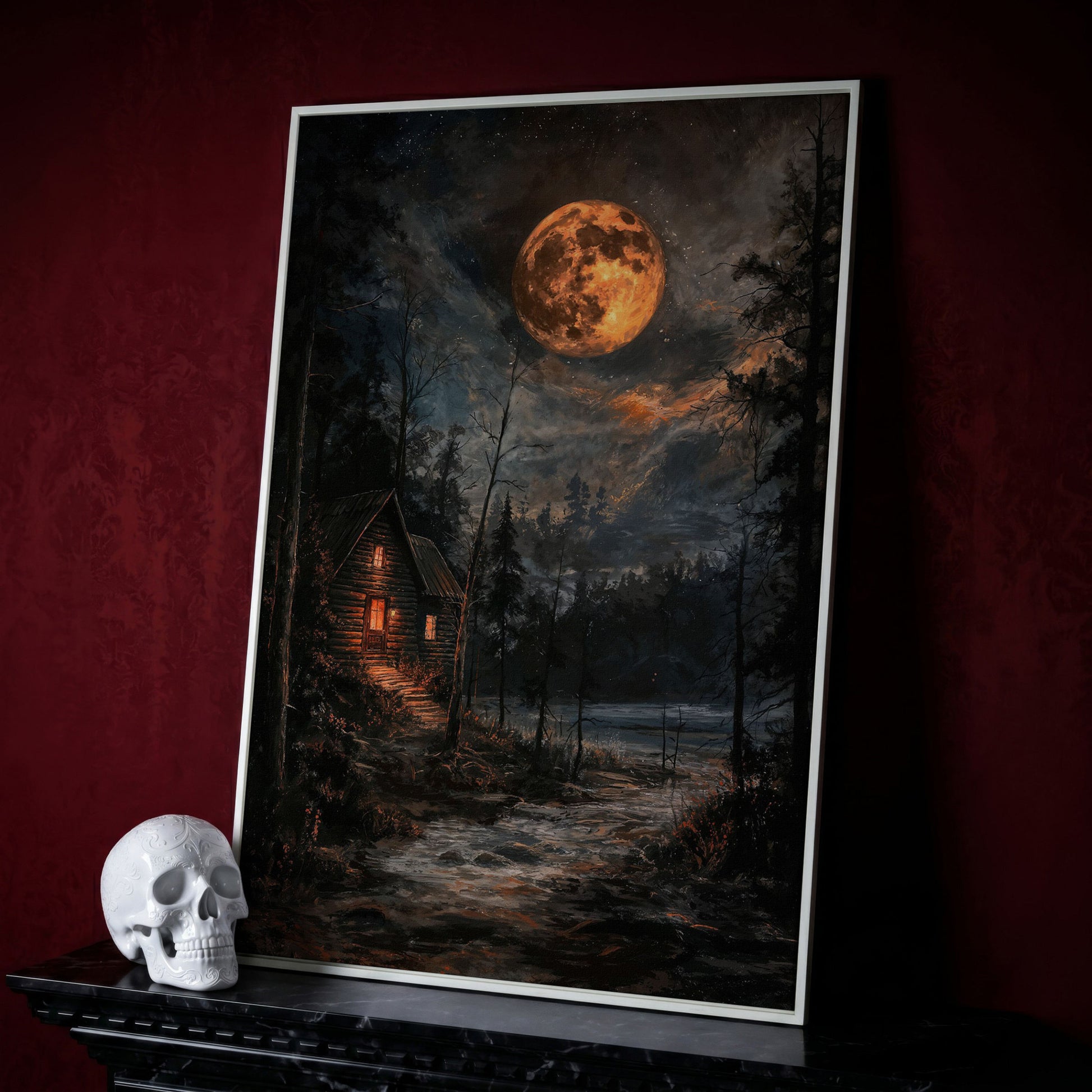 Moonlit Cabin with Starry Skies Canvas in white floating frame