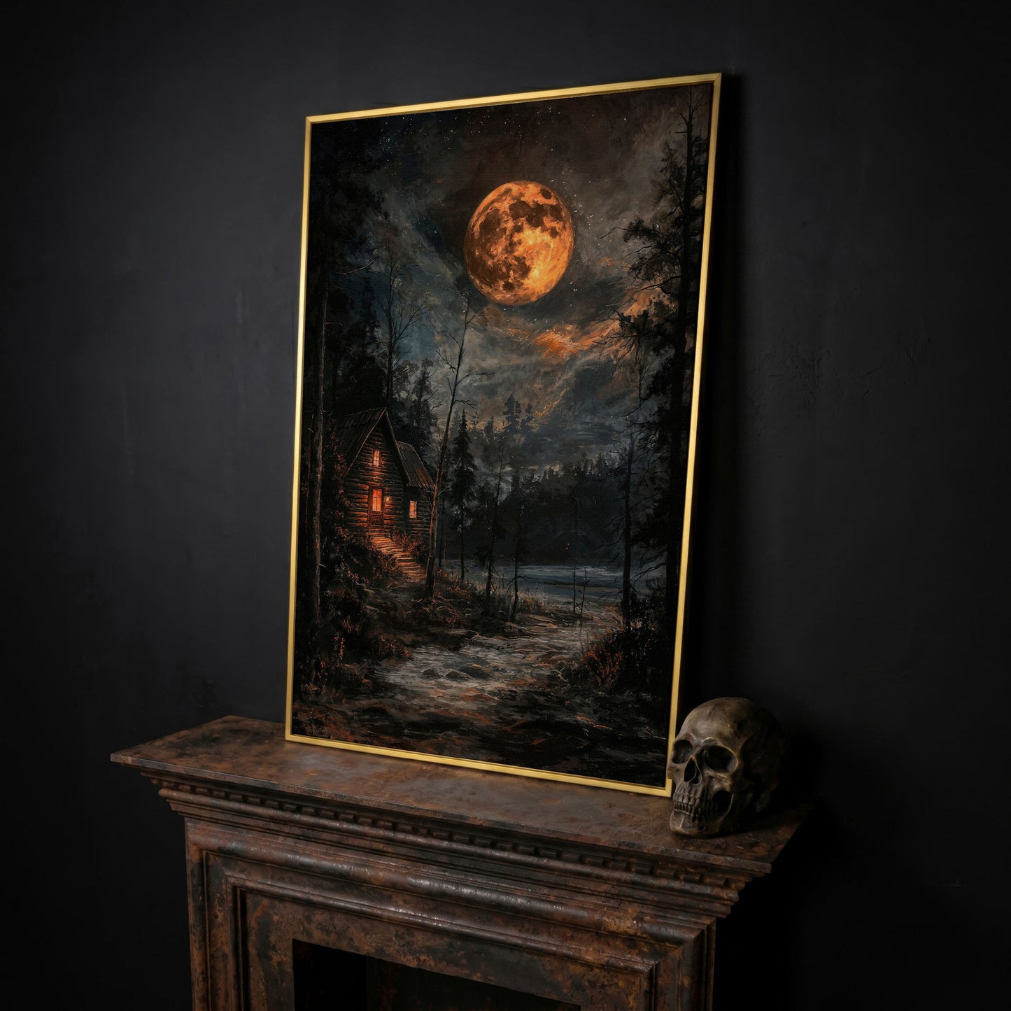 Moonlit Cabin with Starry Skies Canvas in yellow gold floating frame