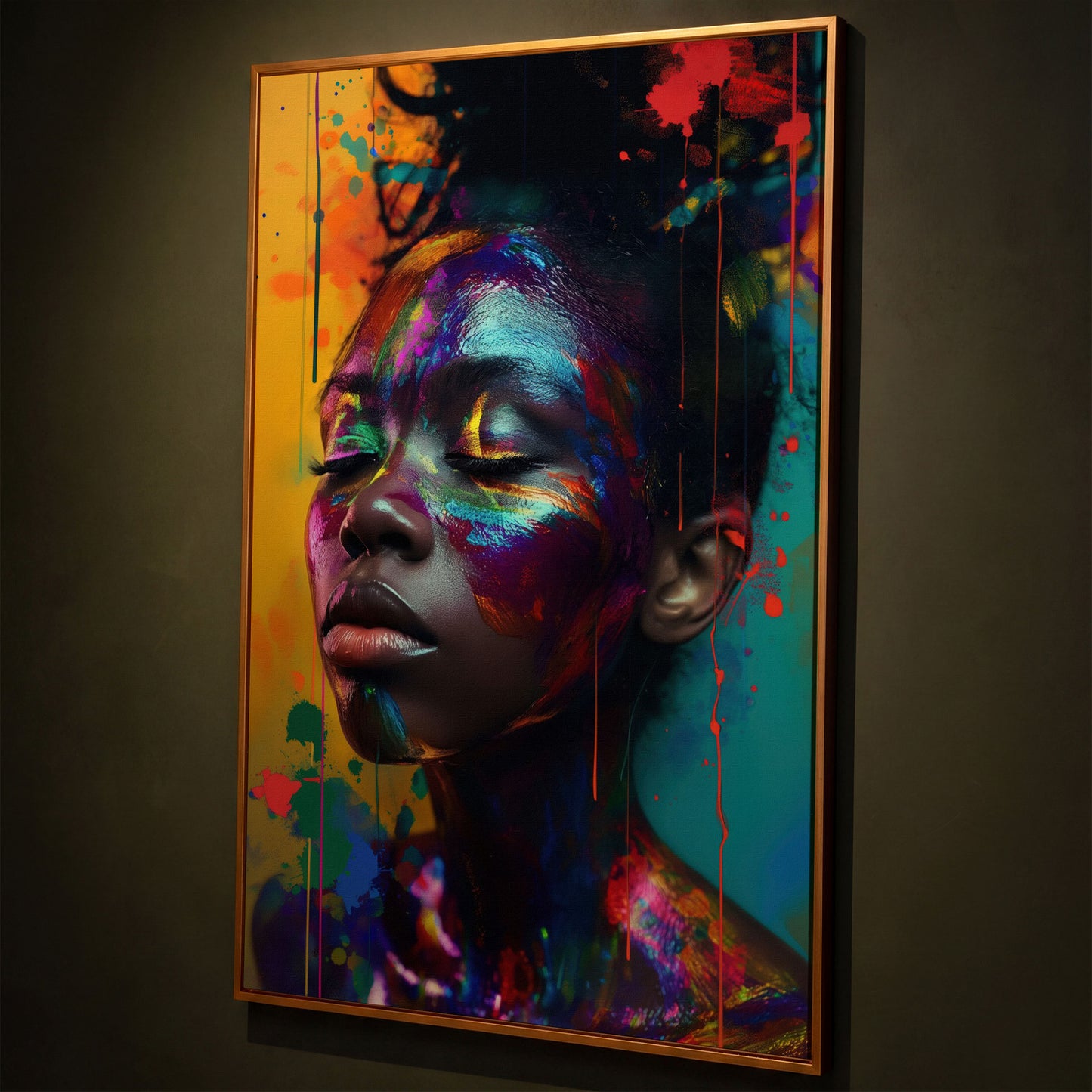Colorful Face Makeup Portrait Canvas shown in antique gold floating frame
