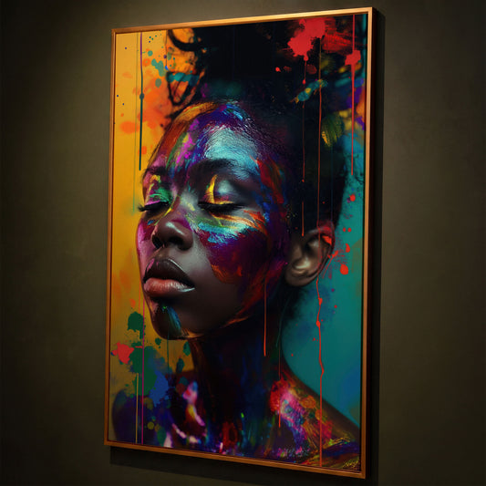Colorful Face Makeup Portrait Canvas shown in antique gold floating frame
