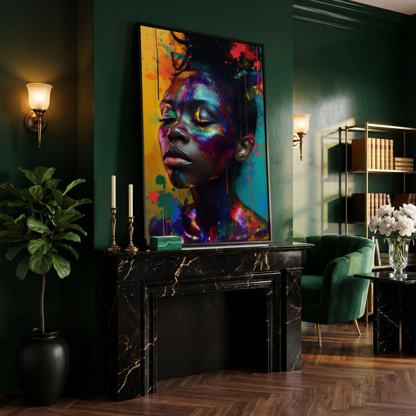 Colorful Face Makeup Portrait Canvas in black floating frame