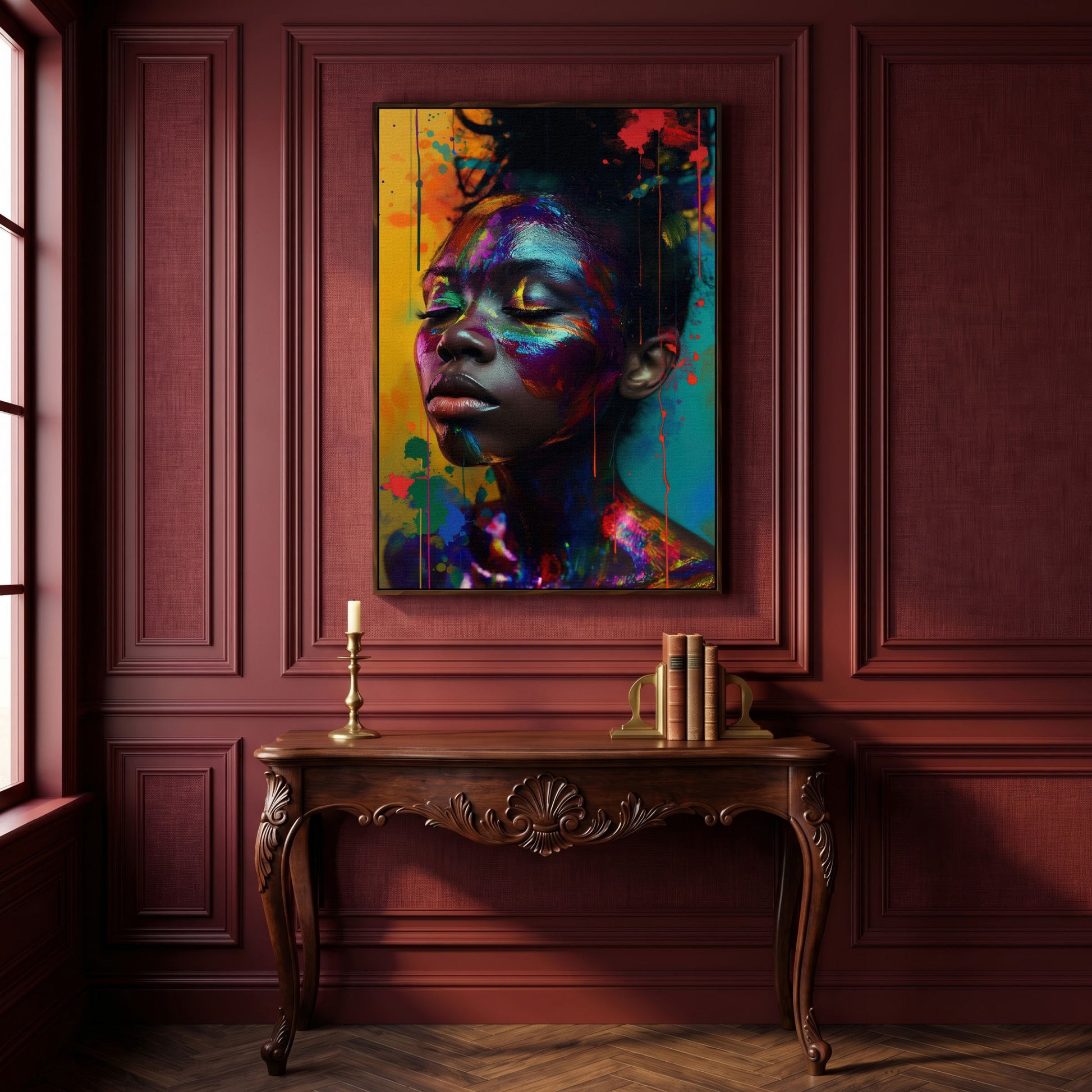 Colorful Face Makeup Portrait Canvas in dark walnut floating frame
