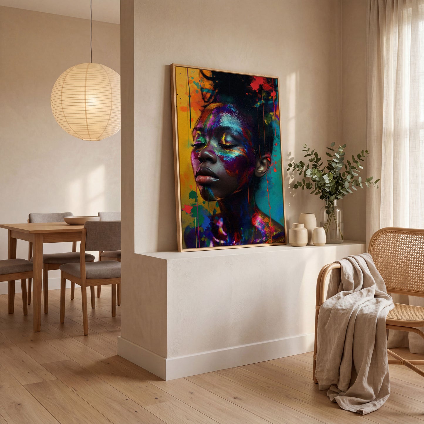 Colorful Face Makeup Portrait Canvas in white oak floating frame