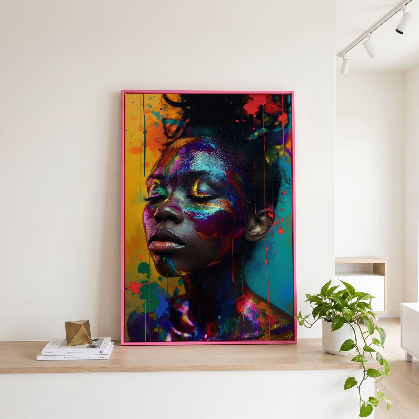Colorful Face Makeup Portrait Canvas in pink floating frame