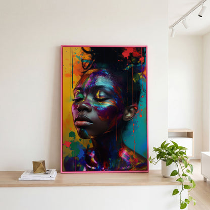 Colorful Face Makeup Portrait Canvas in pink floating frame