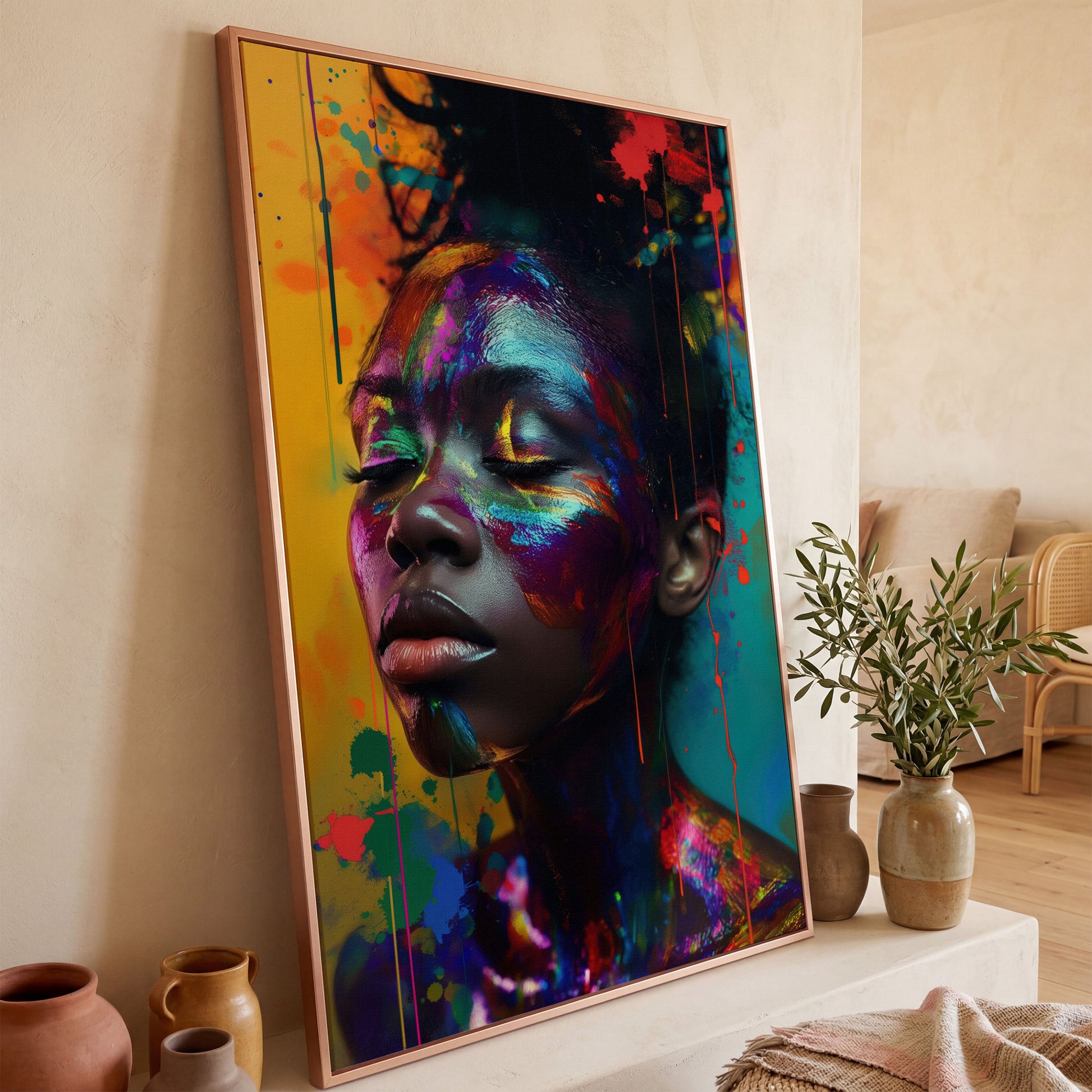 Colorful Face Makeup Portrait Canvas in rose gold floating frame