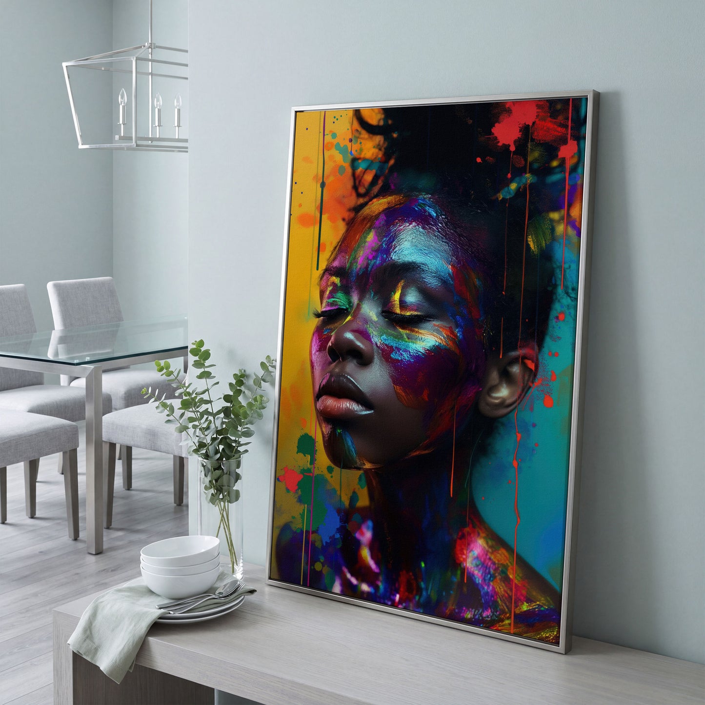 Colorful Face Makeup Portrait Canvas in silver floating frame