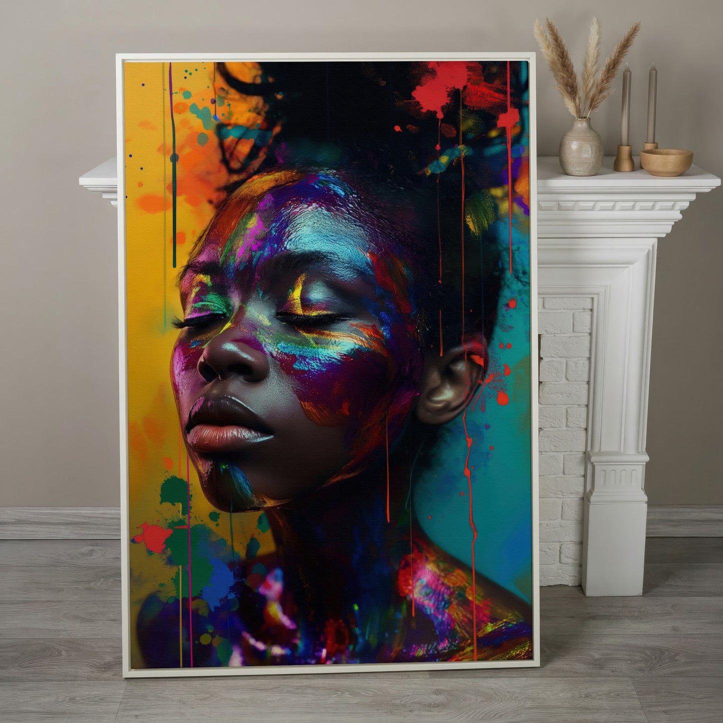 Colorful Face Makeup Portrait Canvas in white floating frame