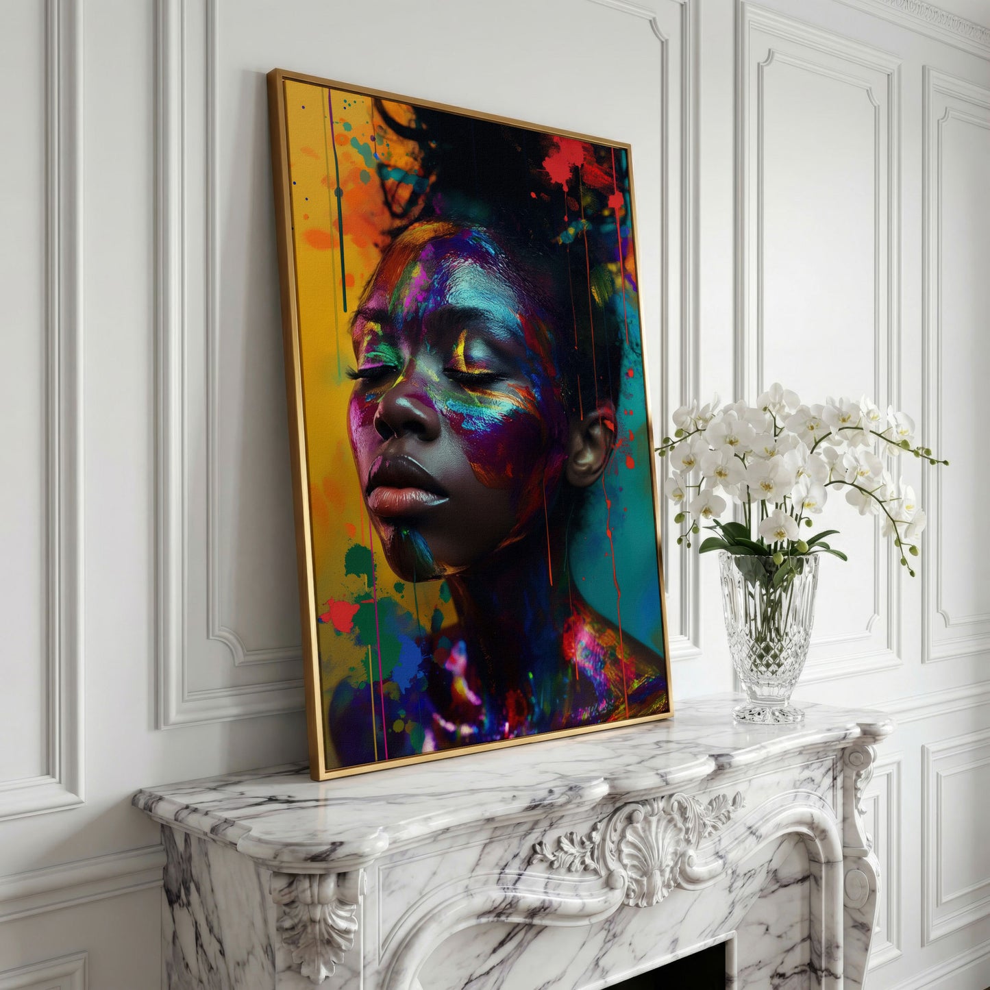 Colorful Face Makeup Portrait Canvas in yellow gold floating frame