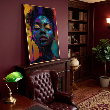African Woman Portrait Canvas with Gold Eyelids in antique gold floating frame