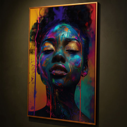 African Woman Portrait Canvas with Gold Eyelids shown in antique gold floating frame