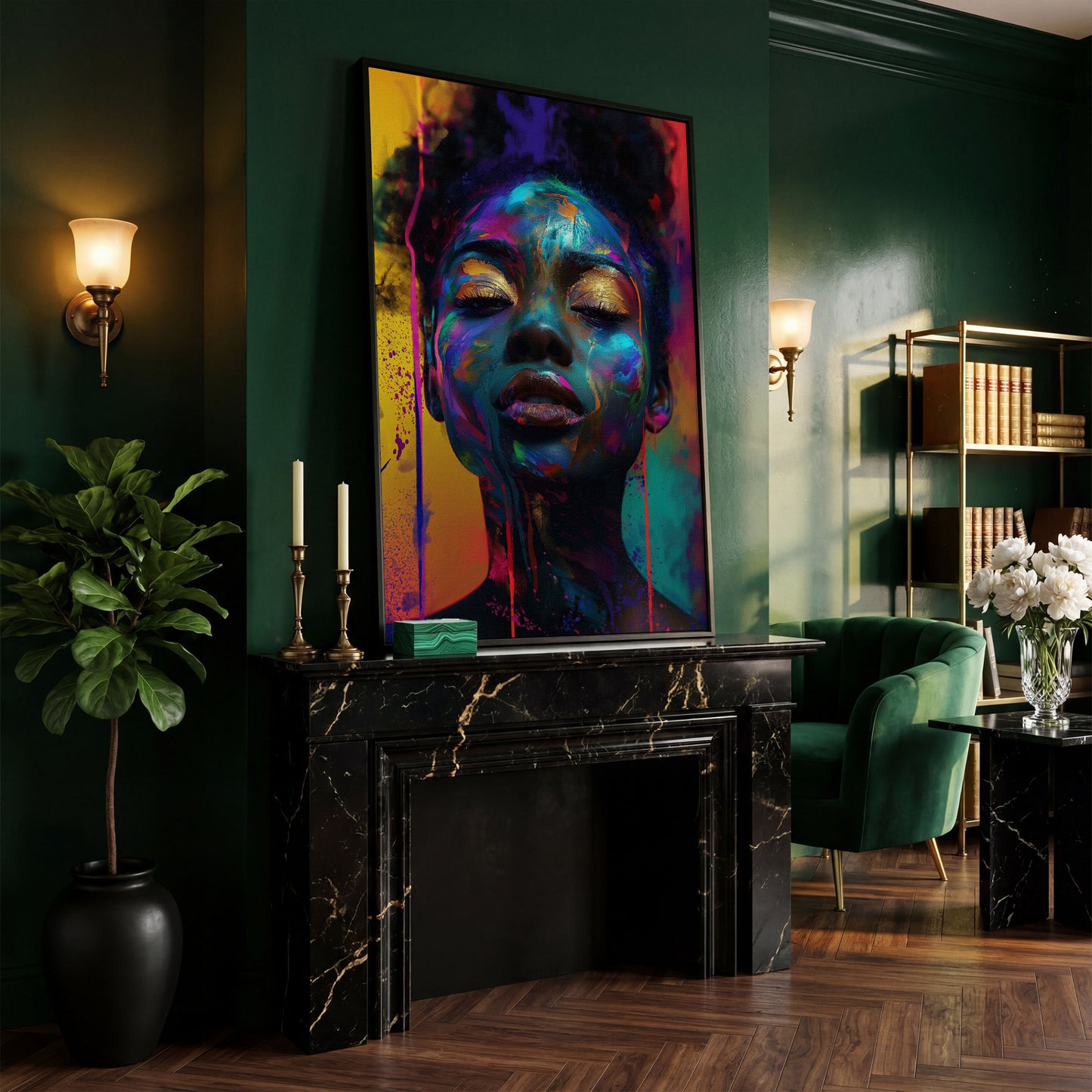 African Woman Portrait Canvas with Gold Eyelids in black floating frame