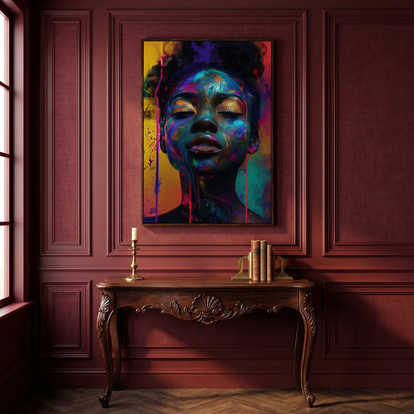 African Woman Portrait Canvas with Gold Eyelids in dark walnut floating frame