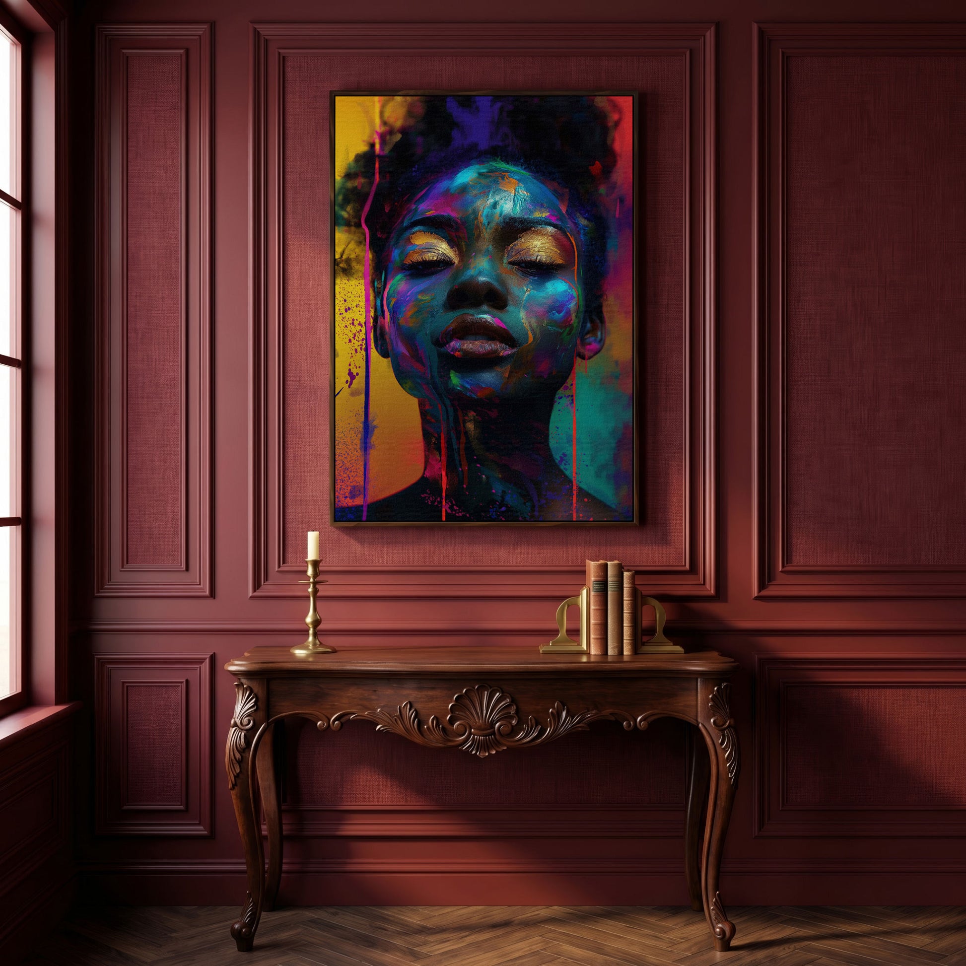 African Woman Portrait Canvas with Gold Eyelids in dark walnut floating frame