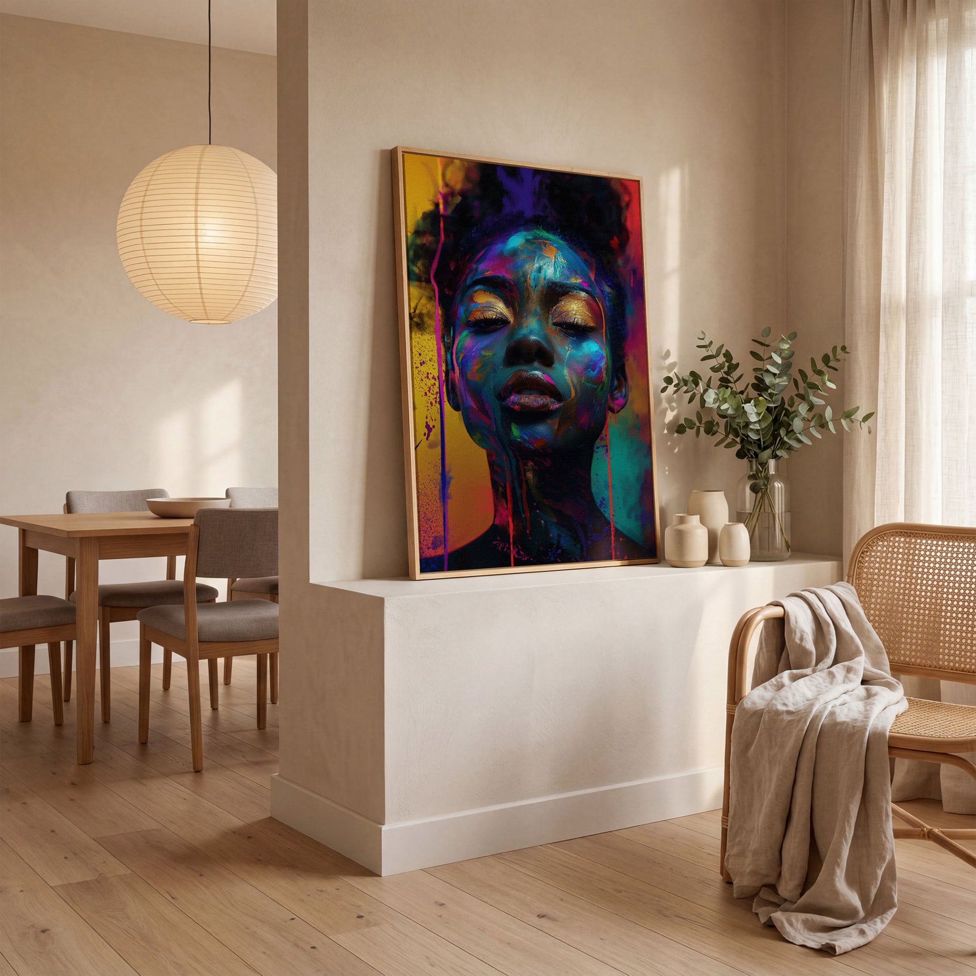 African Woman Portrait Canvas with Gold Eyelids in white oak floating frame