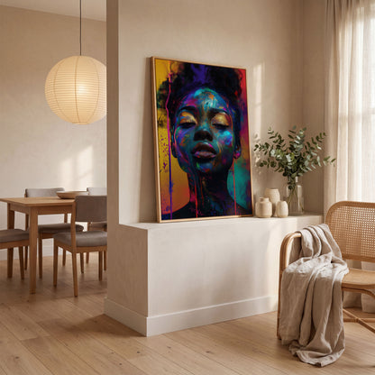 African Woman Portrait Canvas with Gold Eyelids in white oak floating frame