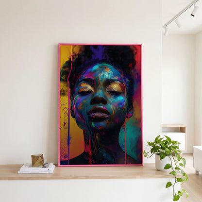 African Woman Portrait Canvas with Gold Eyelids in pink floating frame