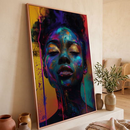 African Woman Portrait Canvas with Gold Eyelids in rose gold floating frame