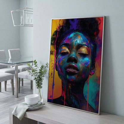 African Woman Portrait Canvas with Gold Eyelids in silver floating frame