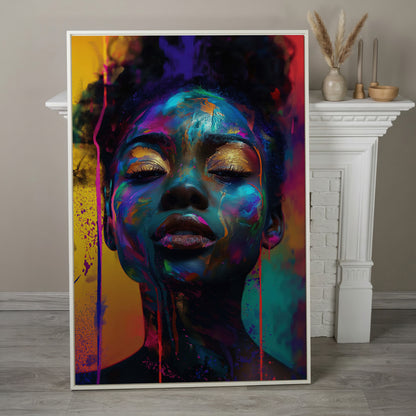 African Woman Portrait Canvas with Gold Eyelids in white floating frame