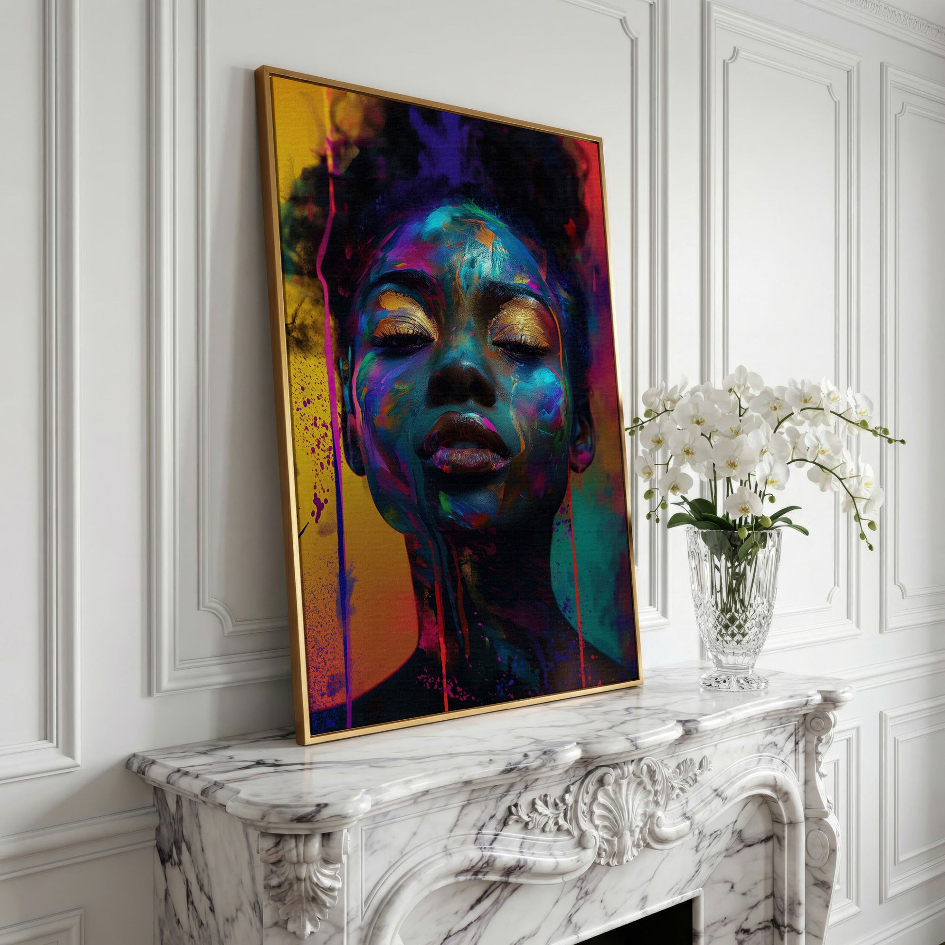 African Woman Portrait Canvas with Gold Eyelids in yellow gold floating frame