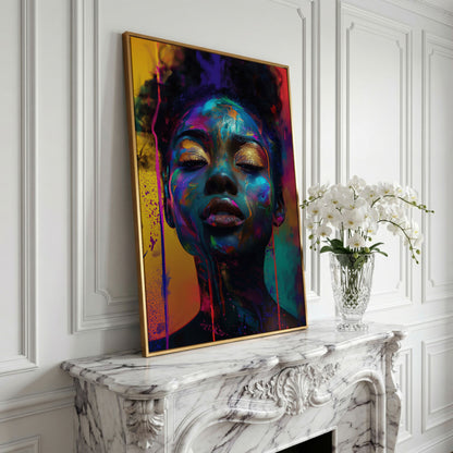 African Woman Portrait Canvas with Gold Eyelids in yellow gold floating frame