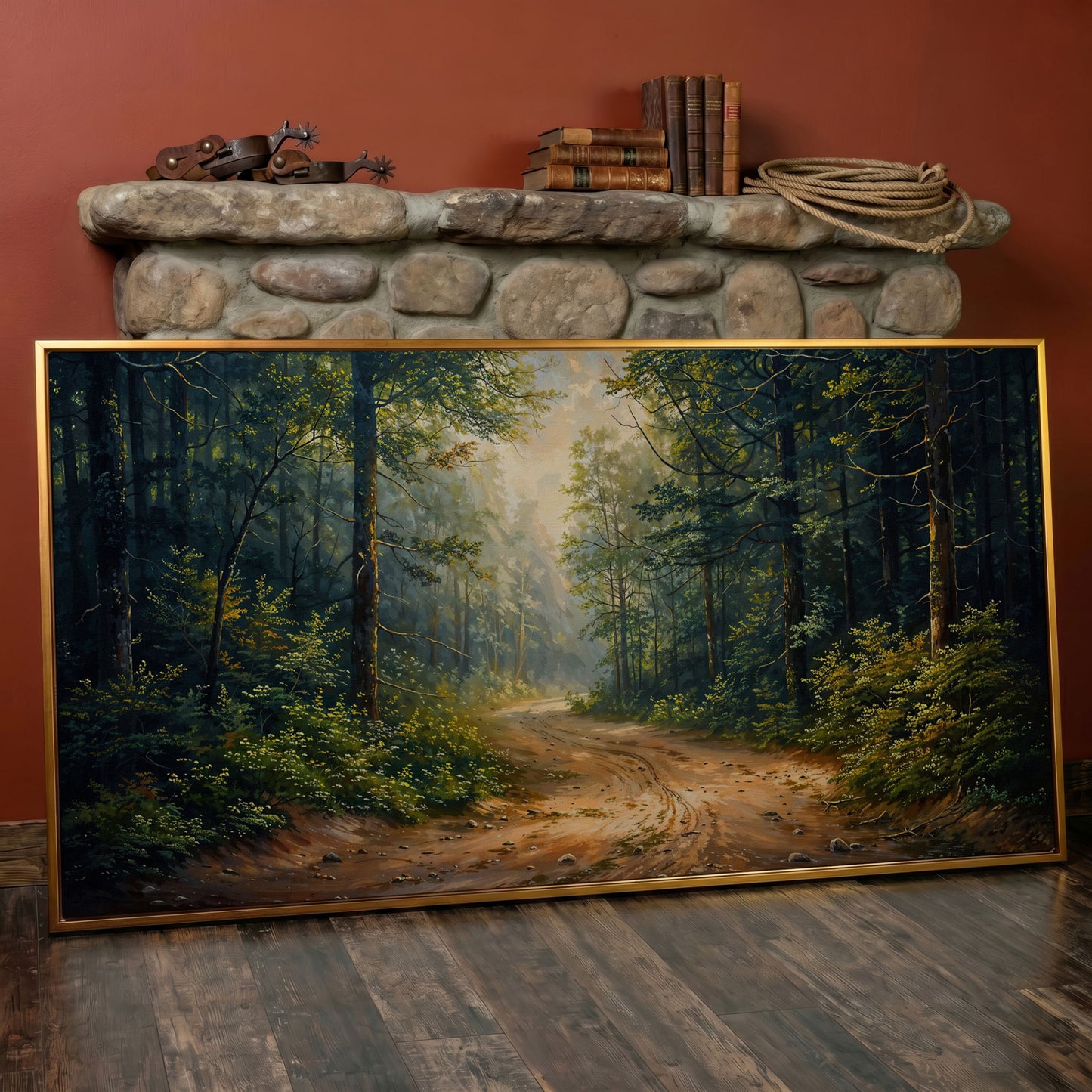 Tranquil Forest Path Canvas Print in antique gold floating frame
