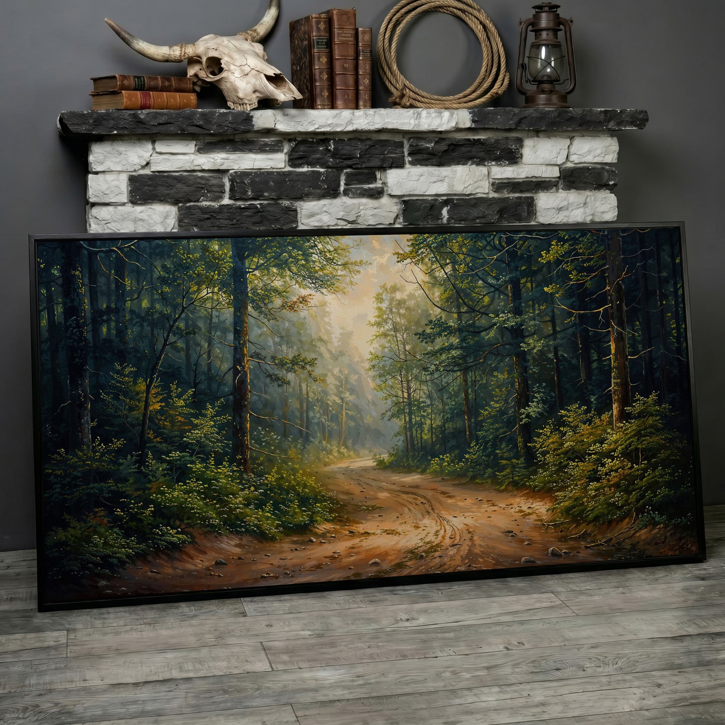 Tranquil Forest Path Canvas Print in black floating frame