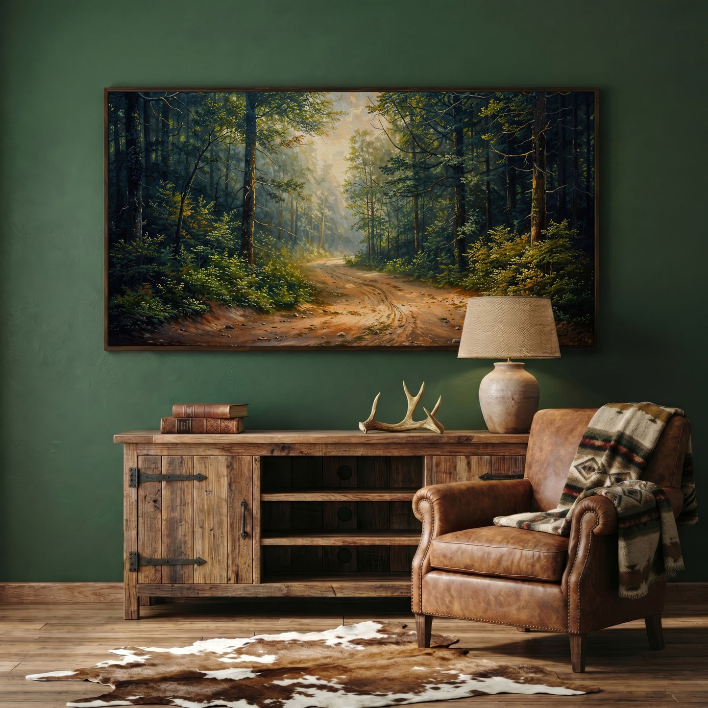 Tranquil Forest Path Canvas Print in dark walnut floating frame