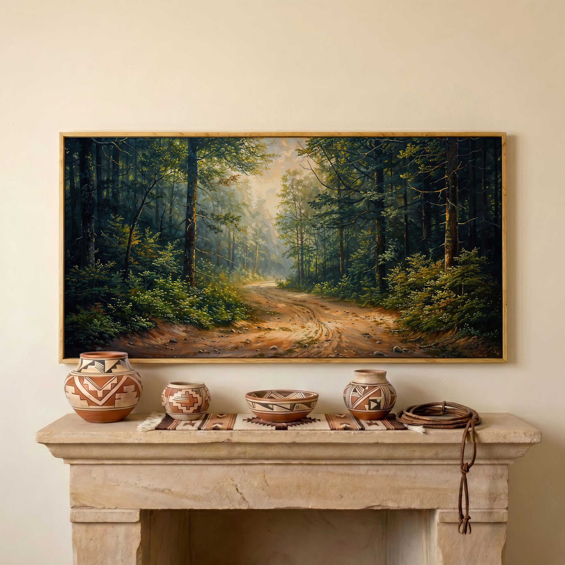 Tranquil Forest Path Canvas Print in white oak floating frame