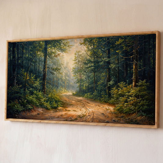 Tranquil Forest Path Canvas Print shown in white oak floating frame