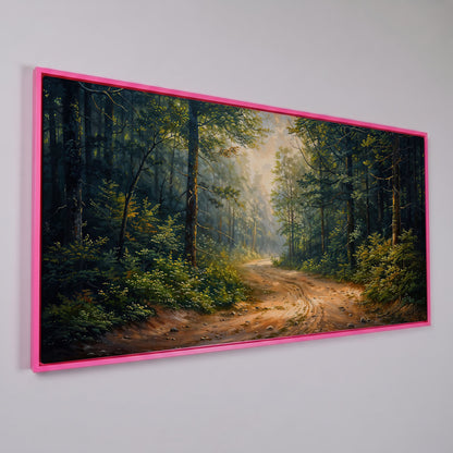 Tranquil Forest Path Canvas Print in pink floating frame