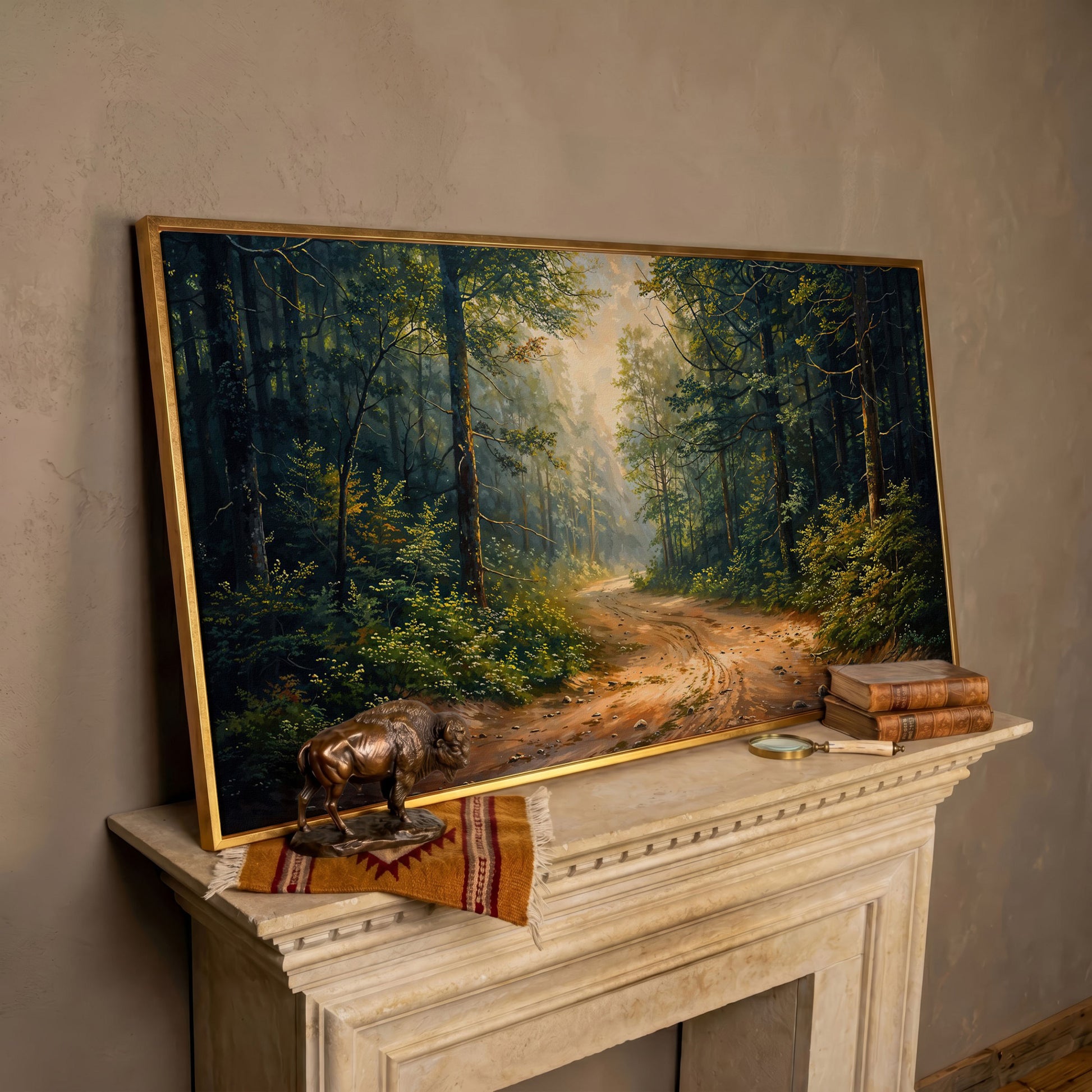 Tranquil Forest Path Canvas Print in rose gold floating frame