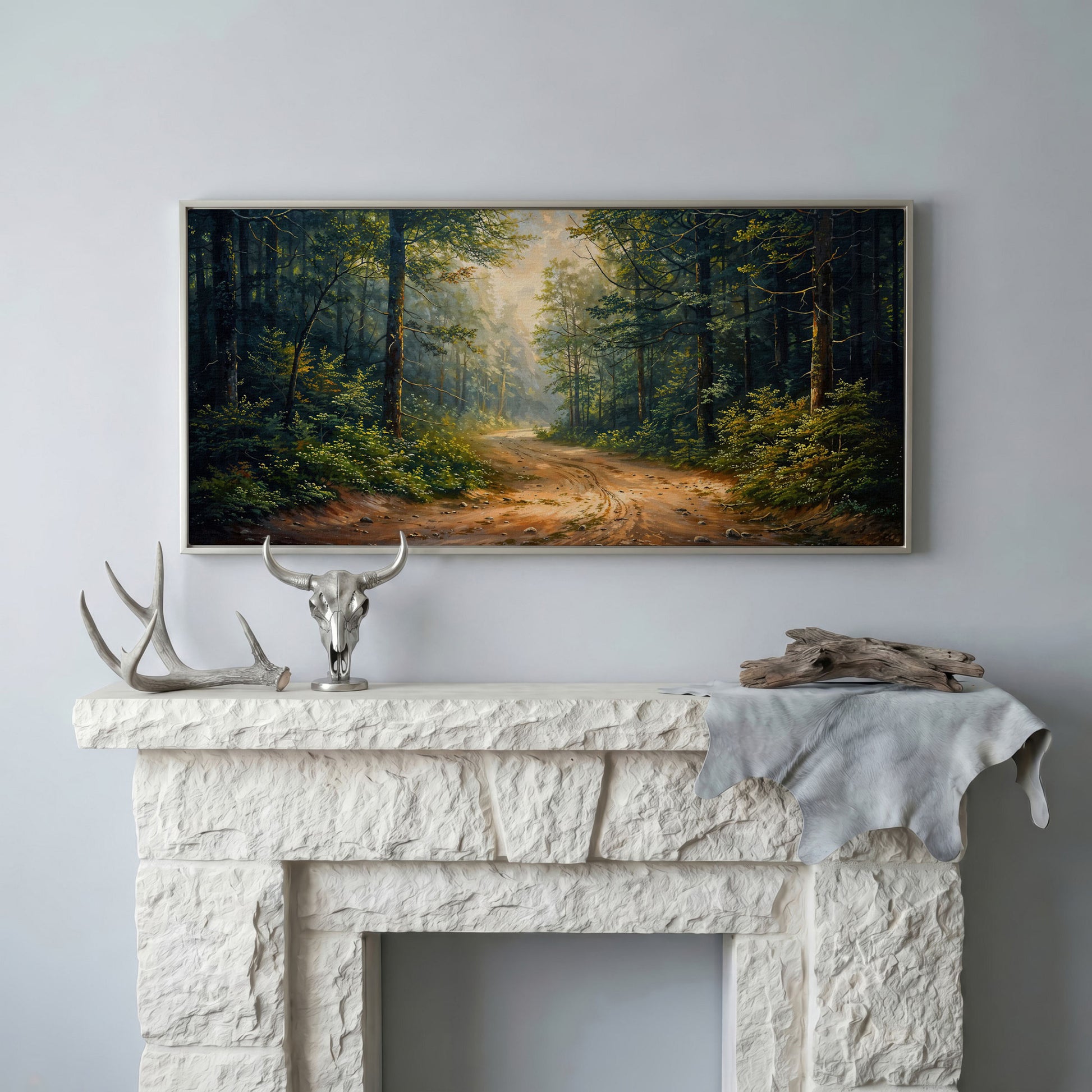 Tranquil Forest Path Canvas Print in silver floating frame