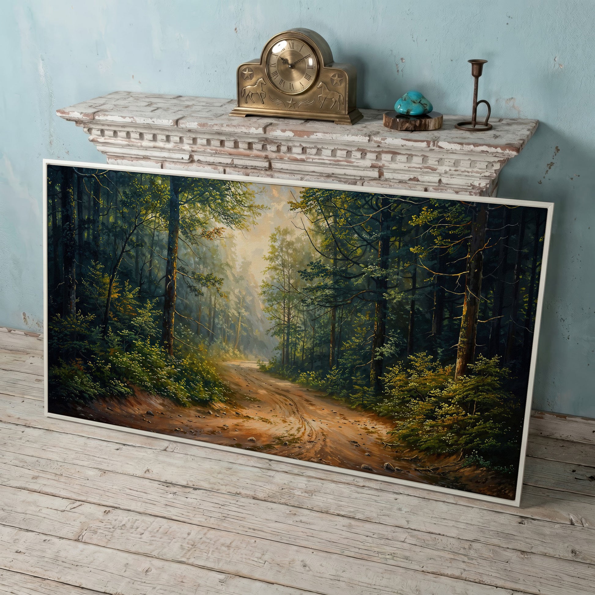 Tranquil Forest Path Canvas Print in white floating frame