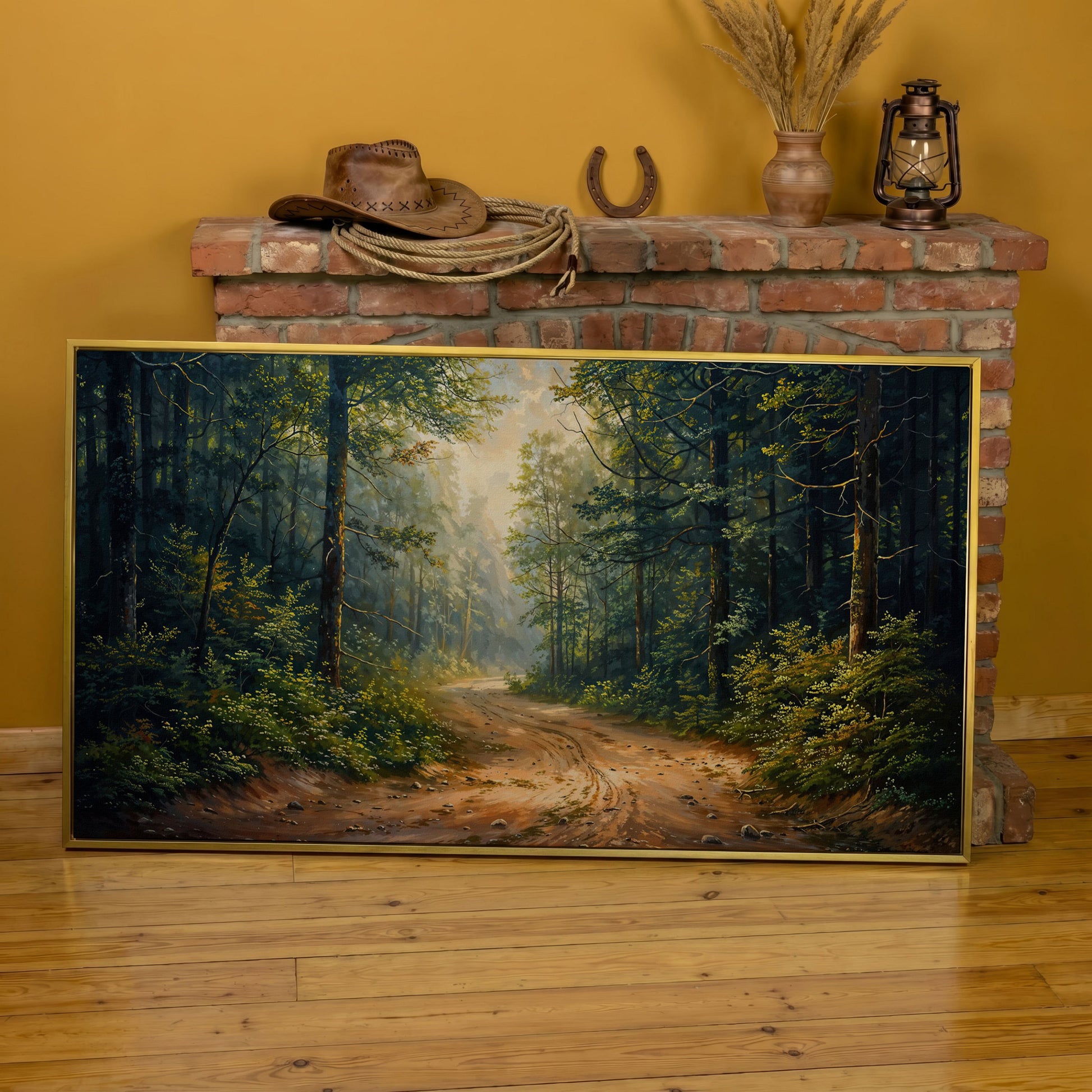 Tranquil Forest Path Canvas Print in yellow gold floating frame