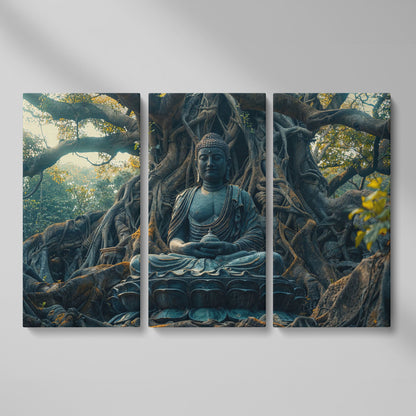 Buddha Statue Among Ancient Roots Canvas as 3-panel split version