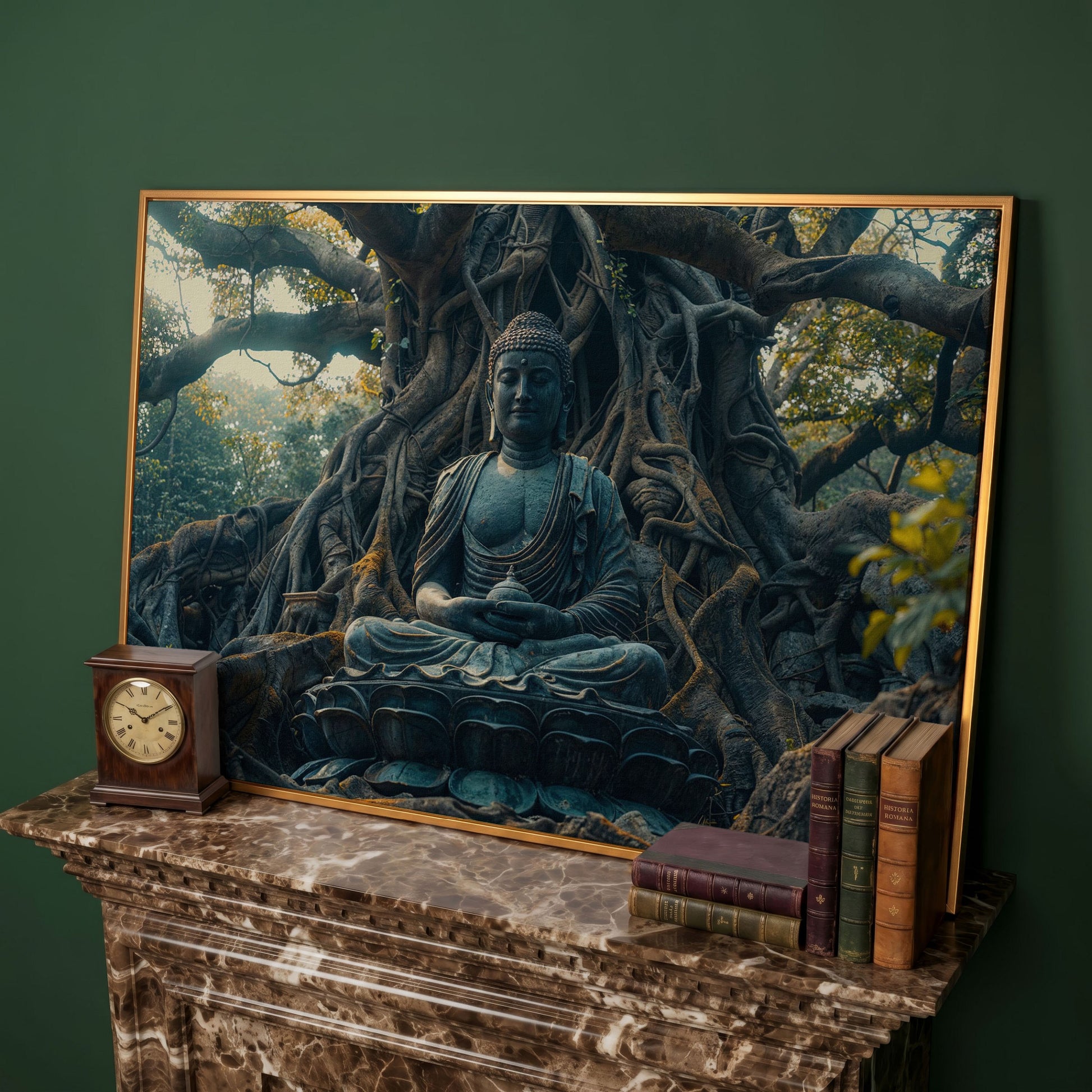 Buddha Statue Among Ancient Roots Canvas in antique gold floating frame