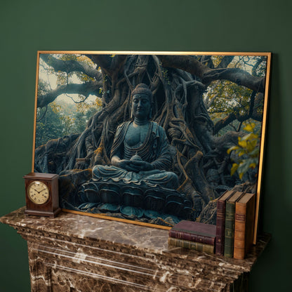 Buddha Statue Among Ancient Roots Canvas in antique gold floating frame