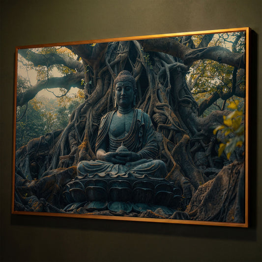 Buddha Statue Among Ancient Roots Canvas shown in antique gold floating frame