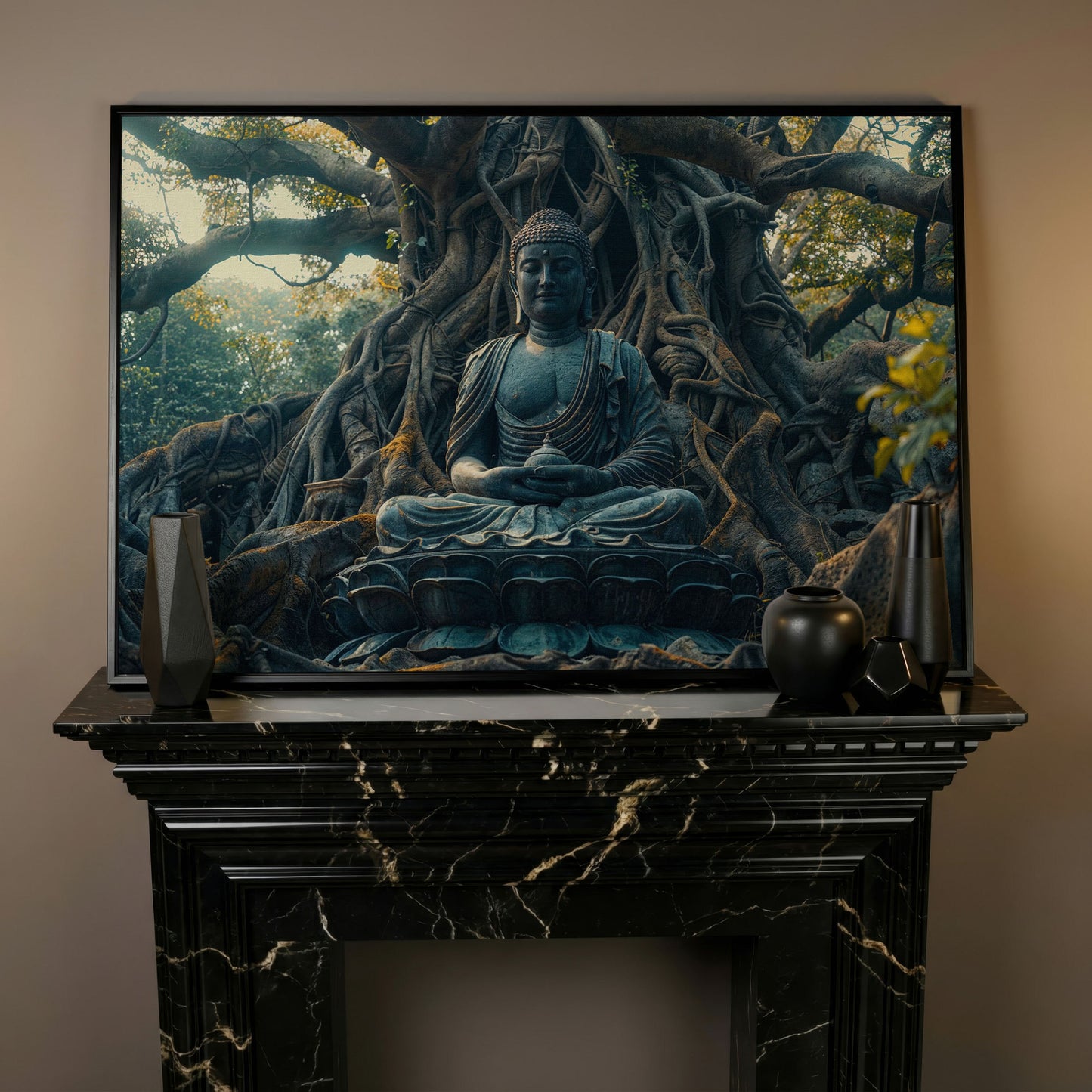 Buddha Statue Among Ancient Roots Canvas in black floating frame
