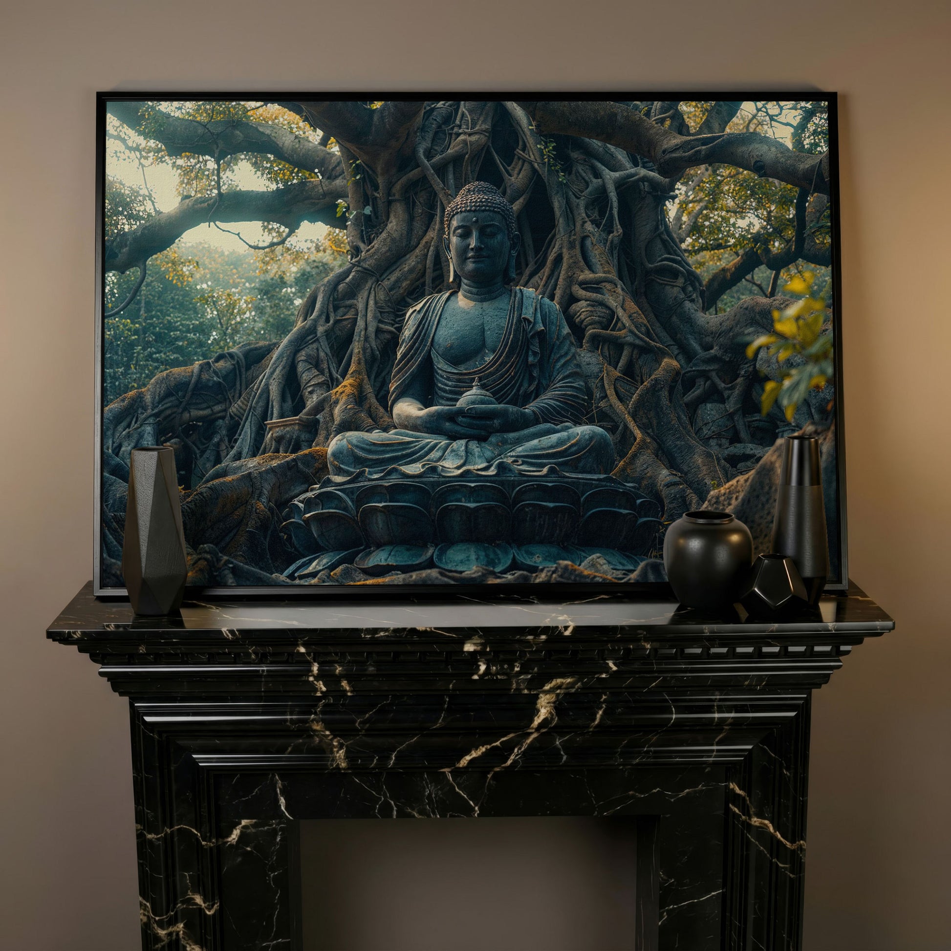 Buddha Statue Among Ancient Roots Canvas in black floating frame