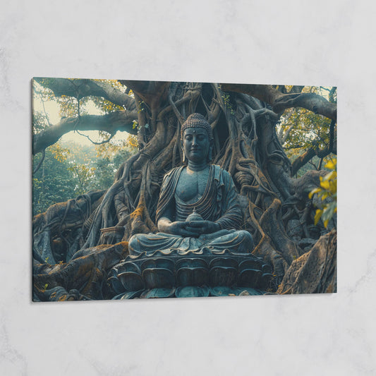 Buddha Statue Among Ancient Roots Canvas on gallery wrap