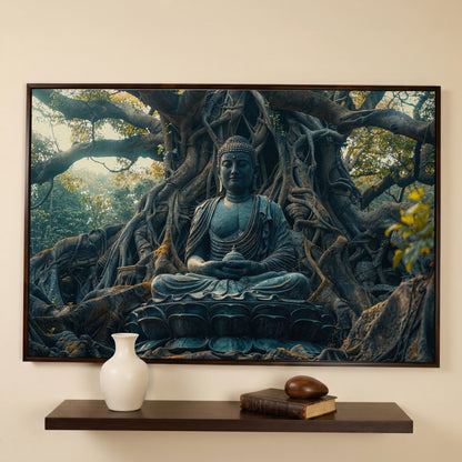 Buddha Statue Among Ancient Roots Canvas in dark walnut floating frame