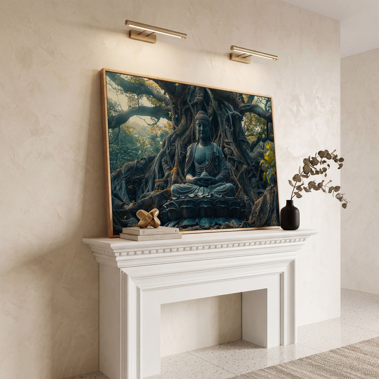 Buddha Statue Among Ancient Roots Canvas in white oak floating frame
