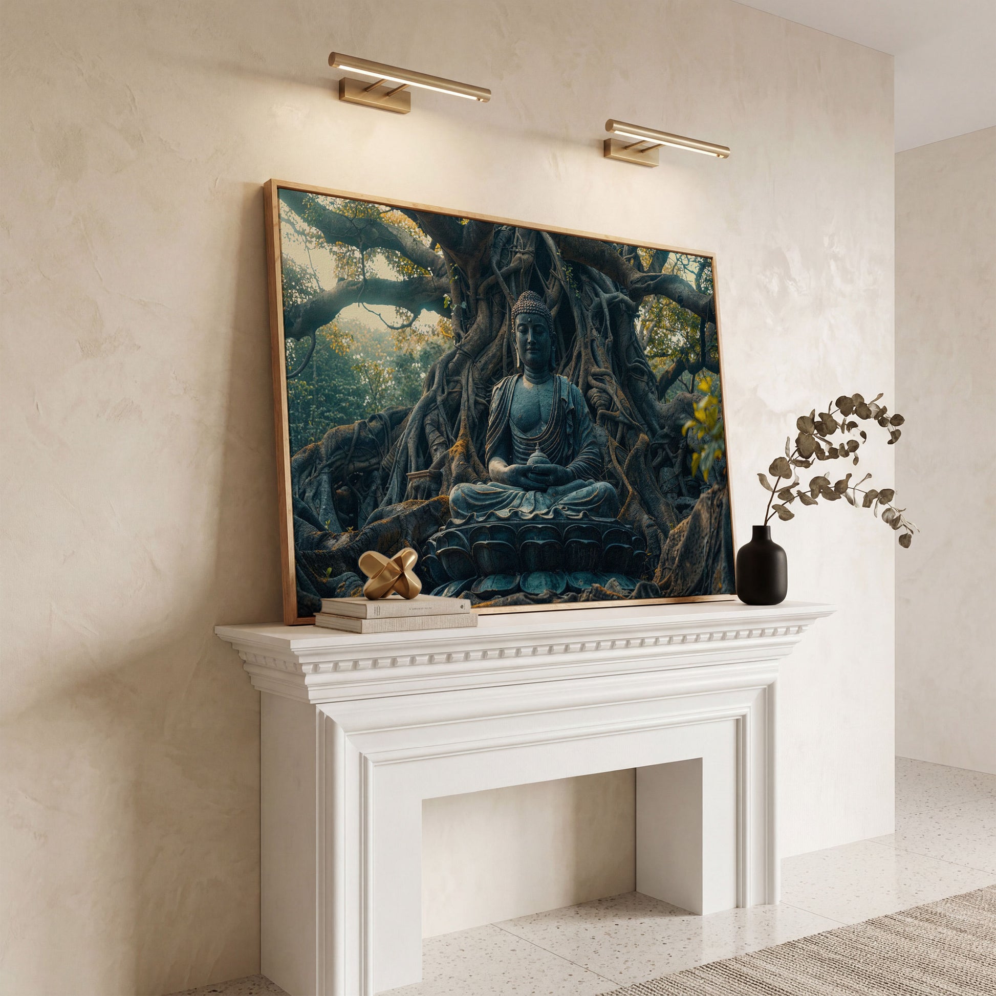 Buddha Statue Among Ancient Roots Canvas in white oak floating frame